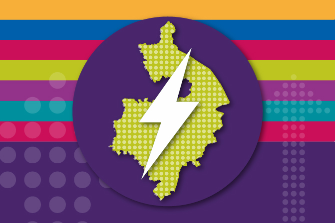 Warwickshire county graphic with branded colours and electricity bolt over